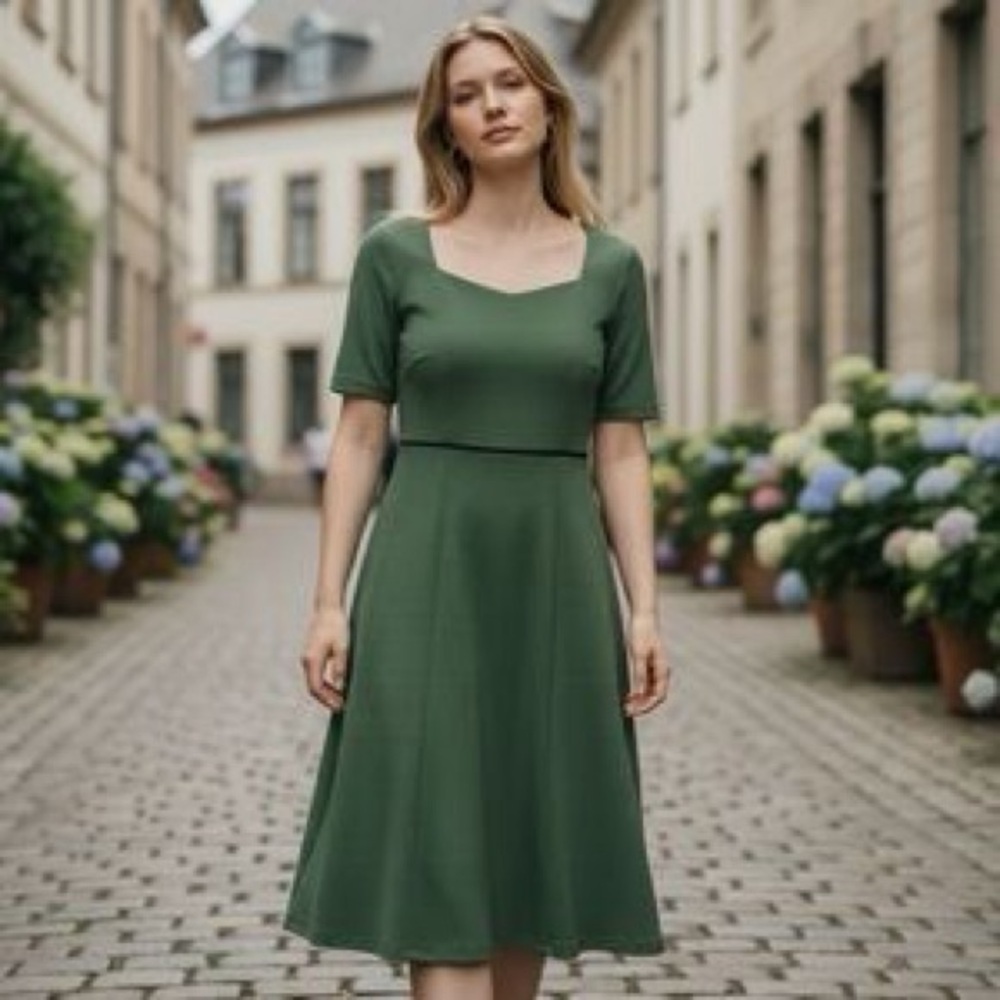 Boden Women’s Ponte Midi Dress Fit & Flare V-NeckTextured in Green 6
